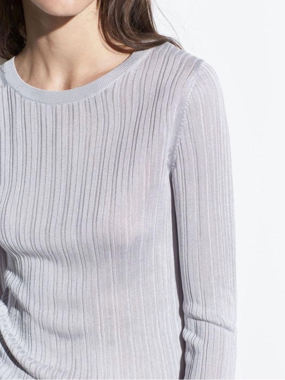 VINCE Ribbed Top Size M Silver Crew Neck Long Sleeve Viscose Slim Fit - Picture 3 of 5